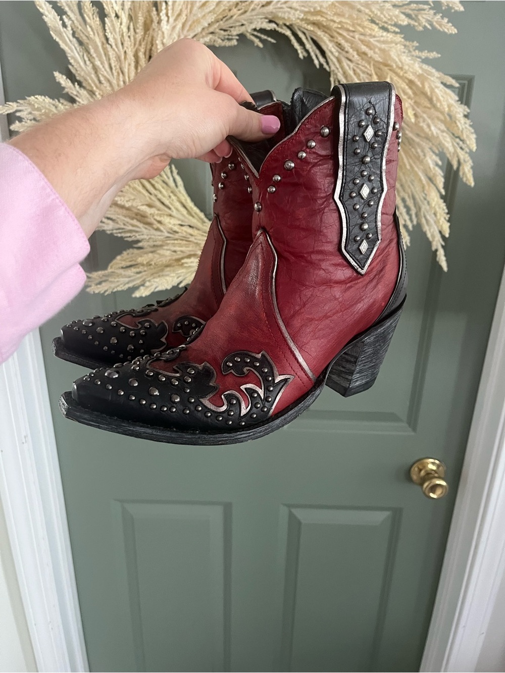 Old Gringo Studded Red and Black Western Ankle Boots